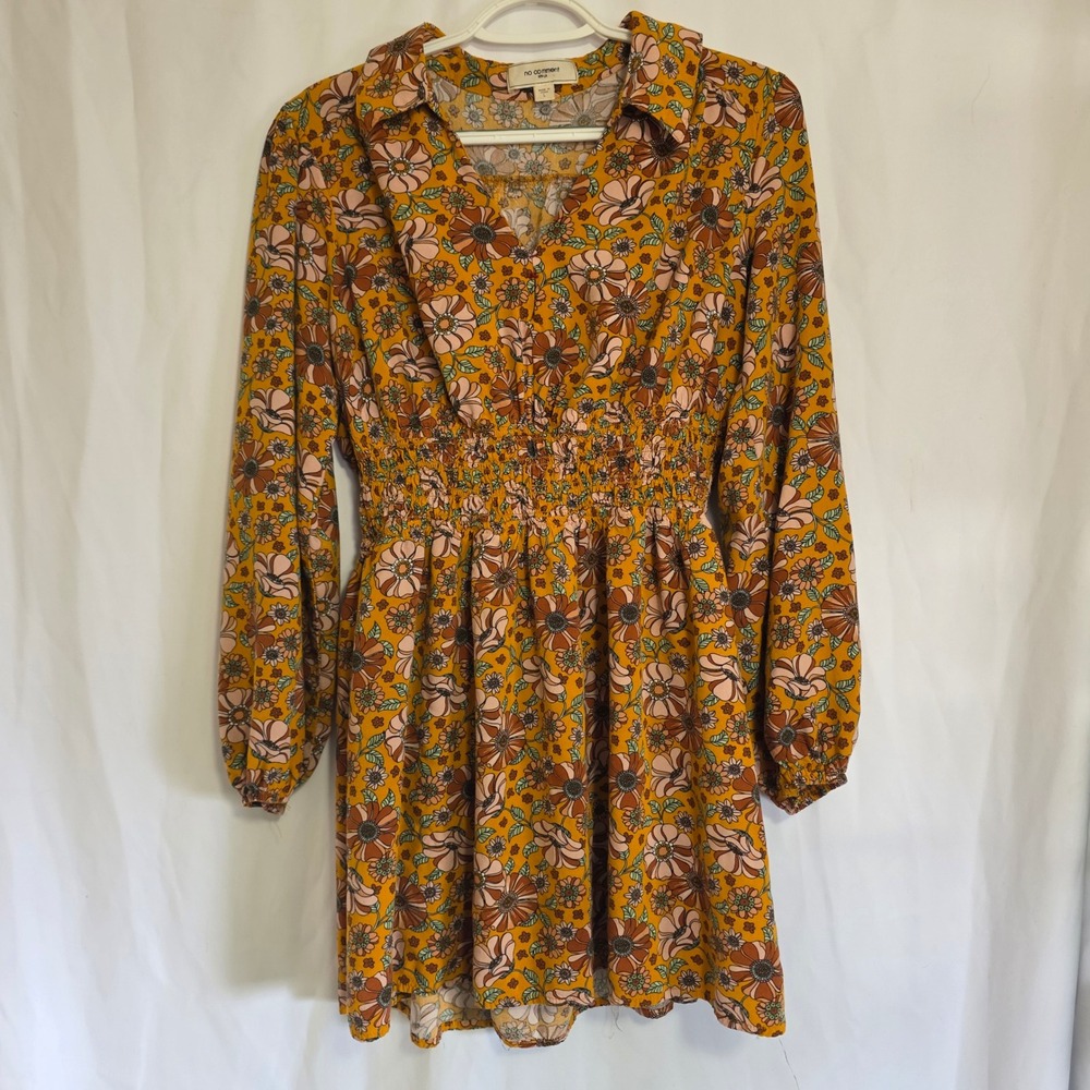 Floral Dress Womens Large Boho Smocked Waist Cottagecore Mini Spring Fall Size L